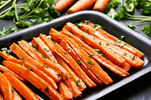 whole carrots, cut and baked in a dish