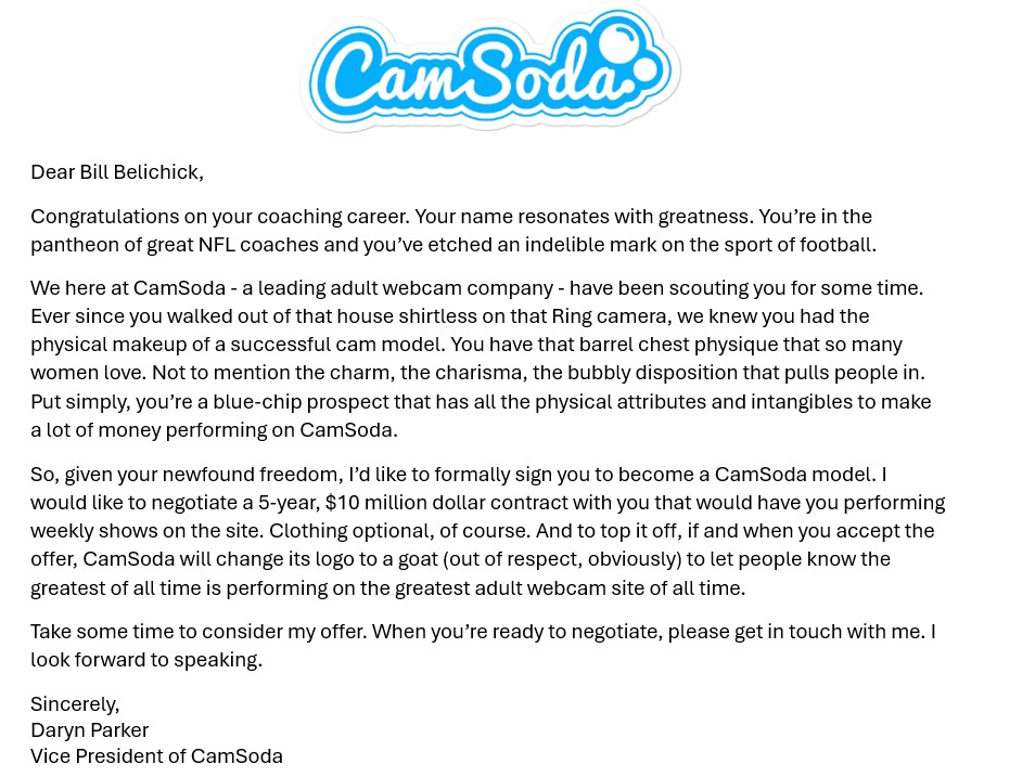 Bill Belichick Offer Letter from CamSoda