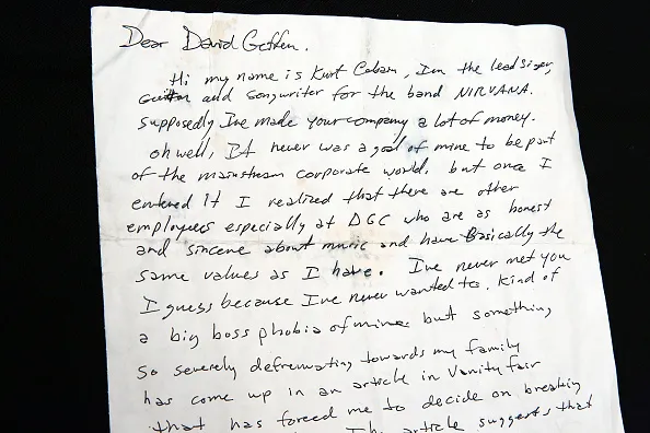 Kurt Cobain's handwritten letter to David Geffen. Kurt Cobain's death came on April 5, 1994.